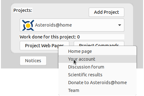 image of the simple view in BOINC showing a dropdown from clicking the project web page button and the your account option being clicked