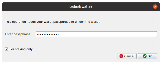 image showing the unlock menu that appears after press the unlock button. Shows 'for staking only' checked and a textbox to enter your password